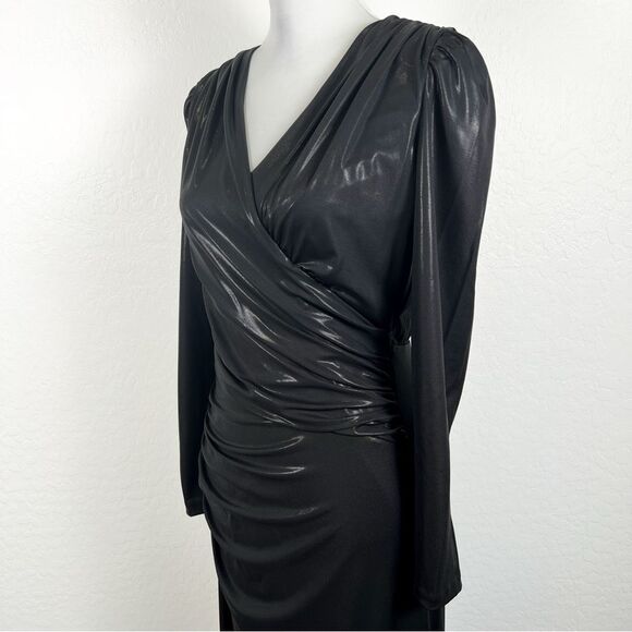 DKNY Dress Side Ruched Jersey Long V-neck Surplice Dress Faux Leather Look 6 NWT - Picture 16 of 16
